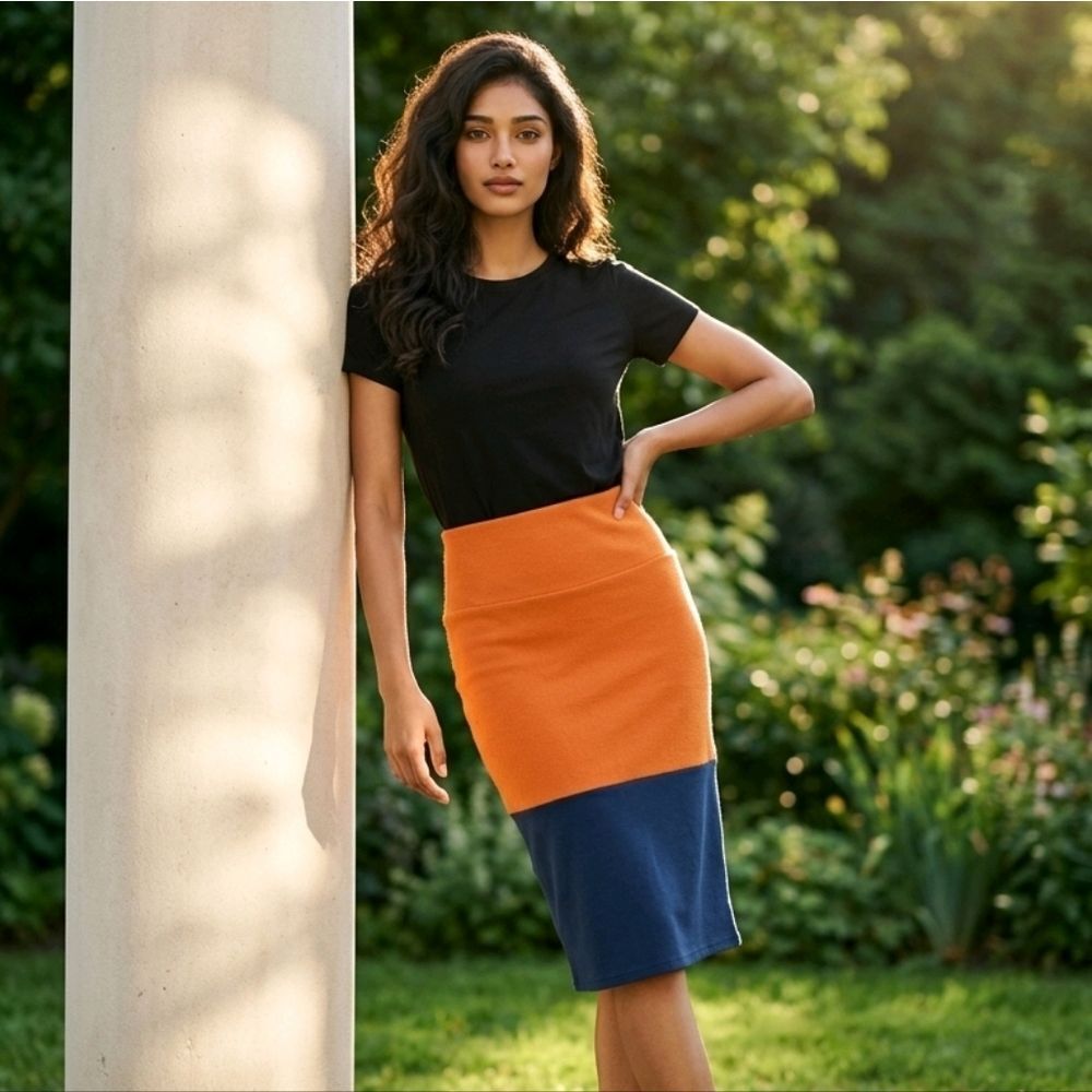 LuLaRoe Cassie Skirt Small Orange Blue Colorblock Jacquard Stretch Pencil Skirt
